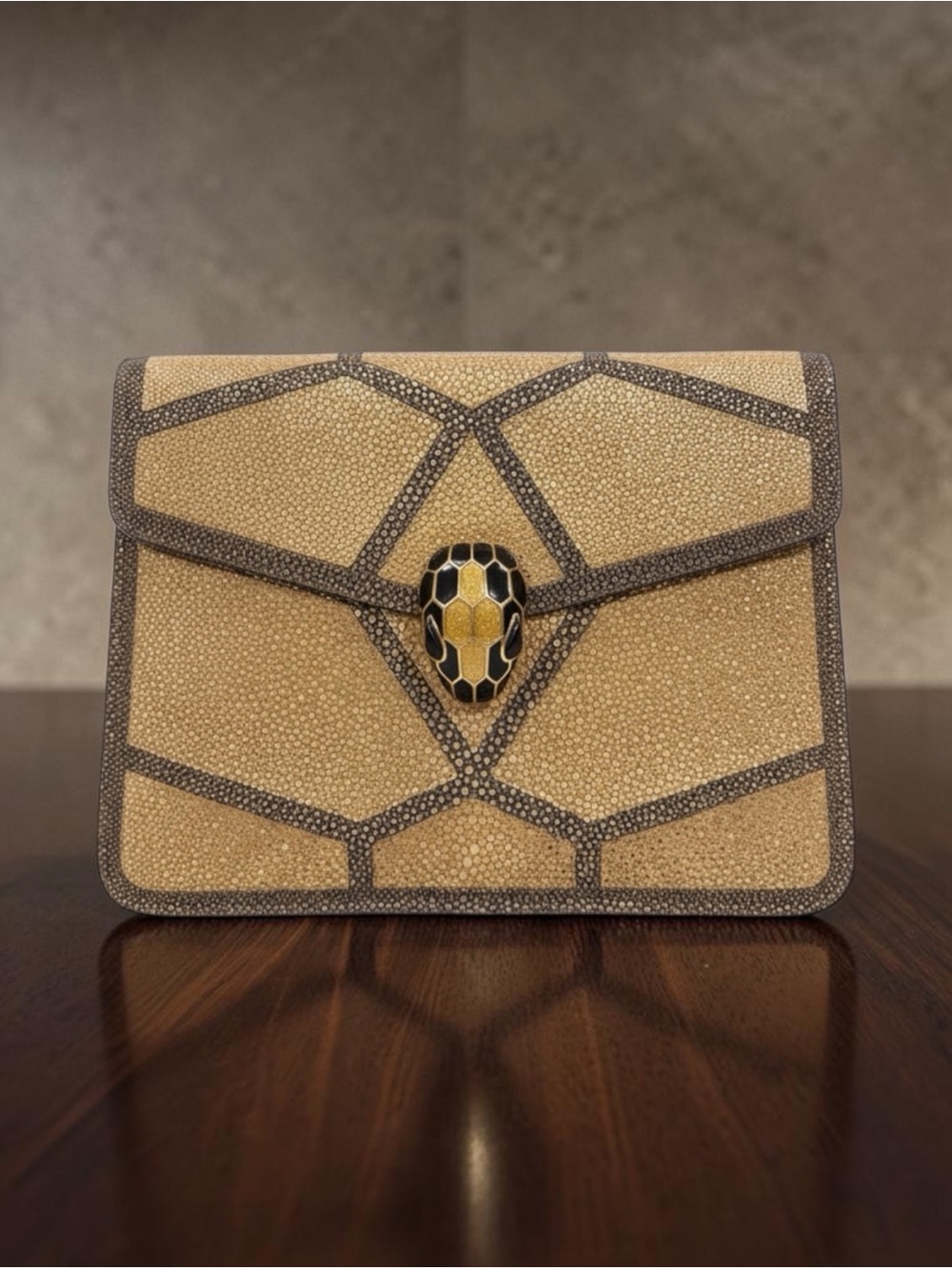 BVLGARI Serpenti Forever Gold Black Galuchat Stingray Shoulder Bag